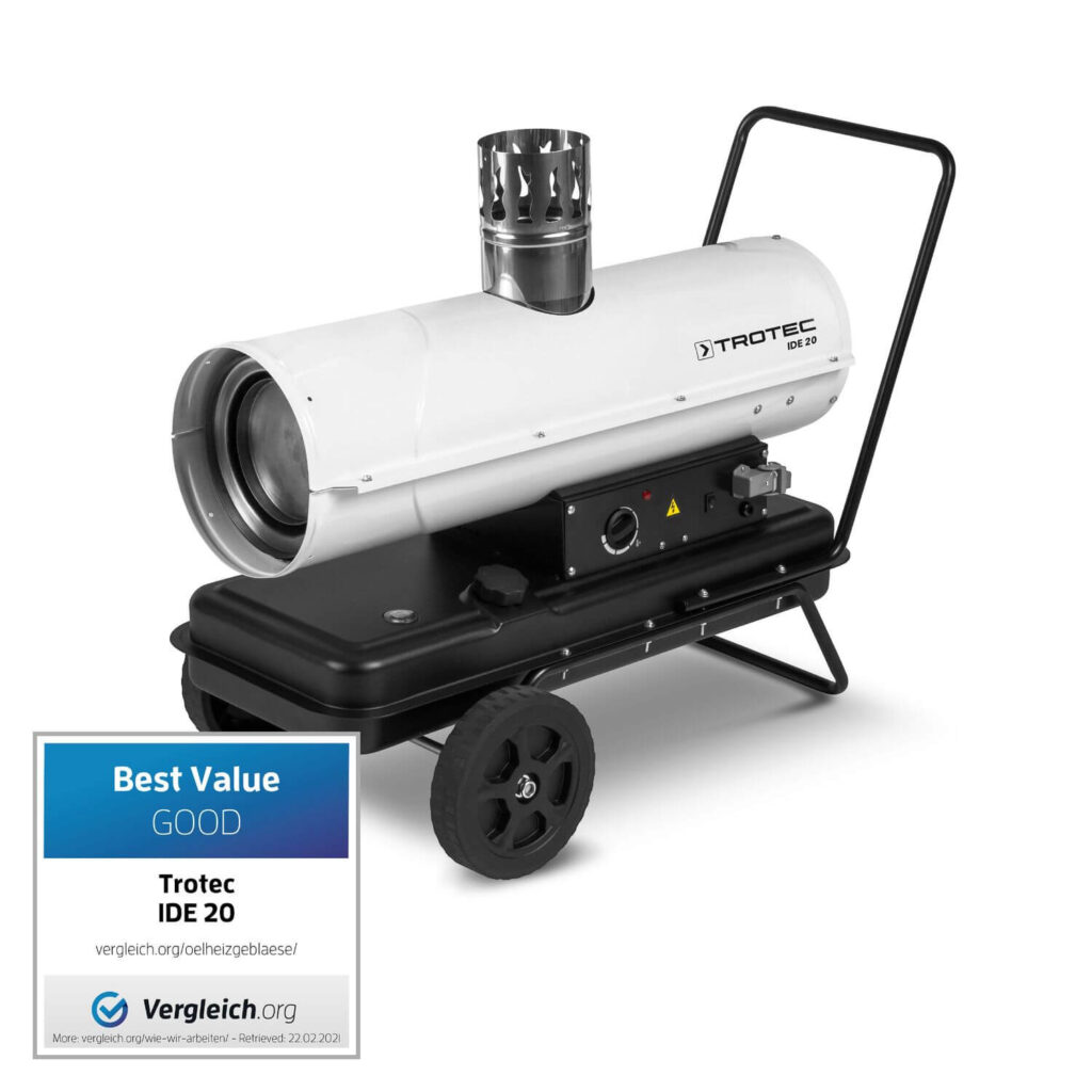 IDE 20 Diesel-Fueled Hot Air Blower: an affordable and reliable heating solution for flexible use in workshops, warehouses, or construction sites.
