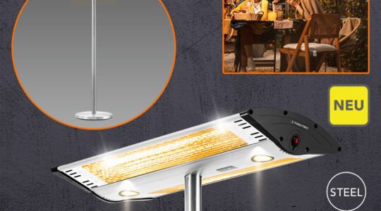 IRS 2010 Infrared Heater: Height-adjustable, weatherproof 2,000-watt professional heater—with integrated LED lighting and a remote control.