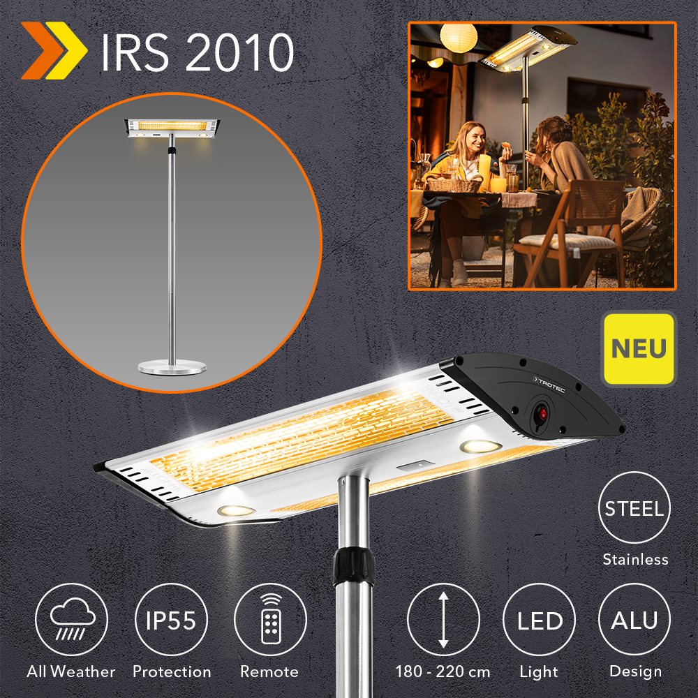 You are currently viewing Infrapuna kütteseade IRS 2010: reguleeritav kõrgus, ilmastikukindel 2000-vatine professionaalne küttekeha – integreeritud LED-valgustus ja kaugjuhtimispult.