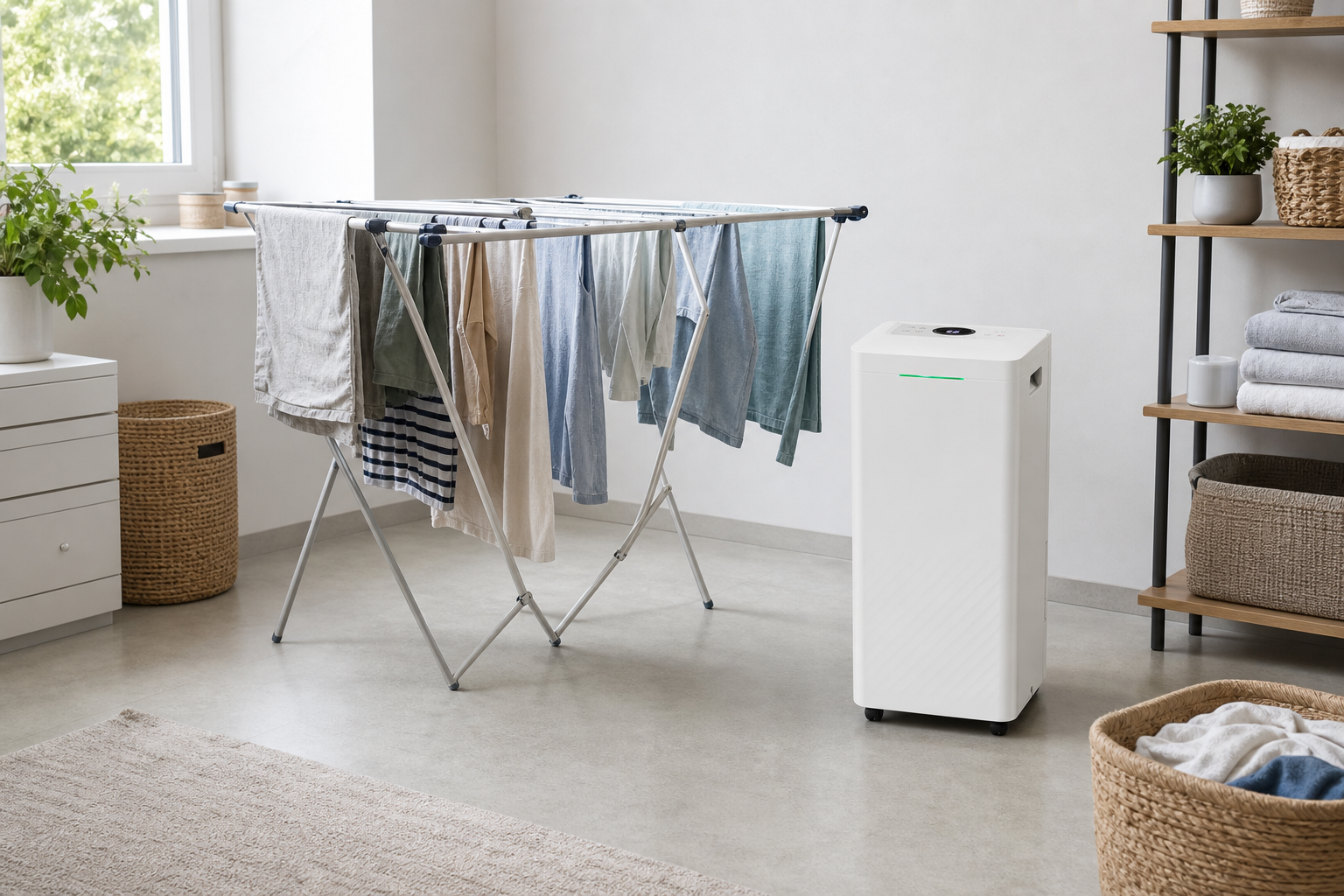 Dehumidifier drying laundry