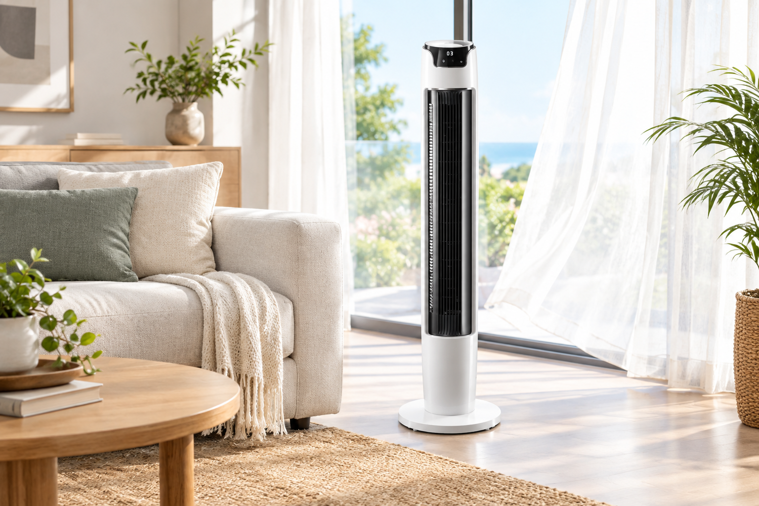 Tower fan in a modern living room